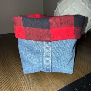 Small Denim Fabric Storage Bin - Red Plaid Trim